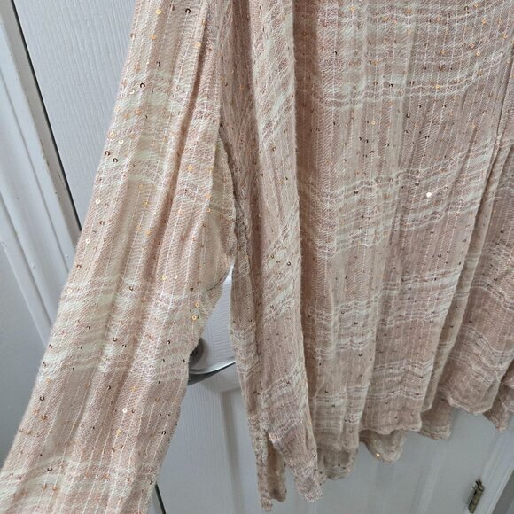 Free People Button up Shirt Large Bohemian Beige Peach Metallic Sequin Blouse - Picture 4 of 10